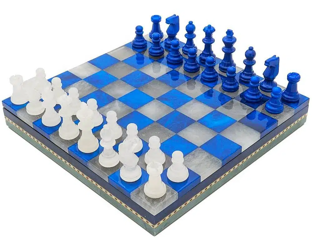 Blauw-witte Set Schaakbord en Schaakspel in Antiek Marmer met Opbergkist