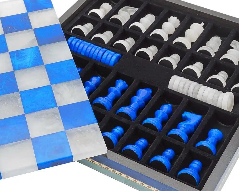 Blauw-witte Set Schaakbord en Schaakspel in Antiek Marmer met Opbergkist - Afbeelding 5