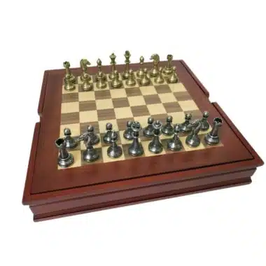 Set Mignon Flower XI Schaakbord met Opbergruimte in Notenhout en Esdoorn en Metalen Schaakspel
