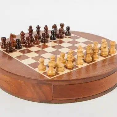 Rond Magnetisch Reisschaakspel met Opbergla in Hout