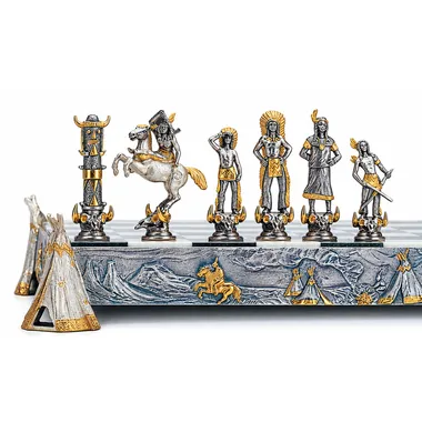 Set "Indianen vs Cowboys" Schaakbord en Schaakspel in Brons, Onyx en 24-Karaats Goud