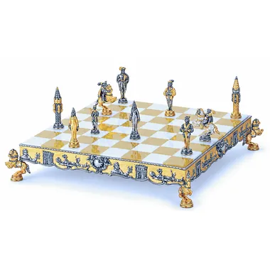 Set "Gulliver en de Lilliputters" Schaakbord en Schaakspel in Brons, Onyx en 24-Karaats Goud