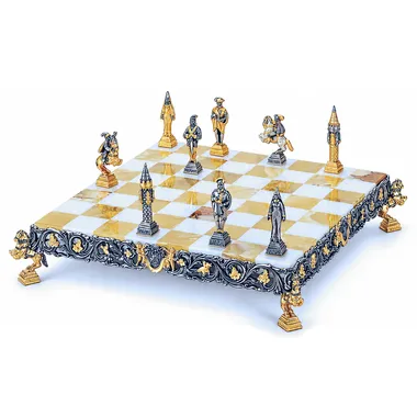 Set "Gulliver en de Lilliputters II" Schaakbord en Schaakspel in Brons, Onyx en 24-Karaats Goud
