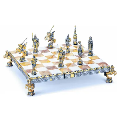 Set "Dmitri Donskoj, Russische vorst uit de XVe eeuw", schaakbord en schaakspel in brons, onyx en 24-karaats goud