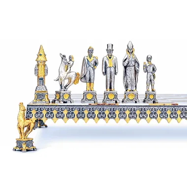 Set "Russische Revolutie van 1917" Schaakbord en Schaakspel in Brons, Onyx en 24-Karaats Goud