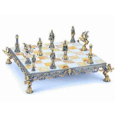 Set "Florentijnse renaissance, XVe eeuw", schaakbord en schaakspel in brons, onyx en 24-karaats goud