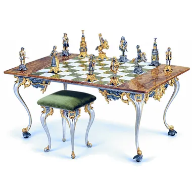 Set XL "Lodewijk XIV de Zonnekoning" Rechthoekige Schaaktafel en Schaakspel in Brons, Onyx en 24-Karaats Goud