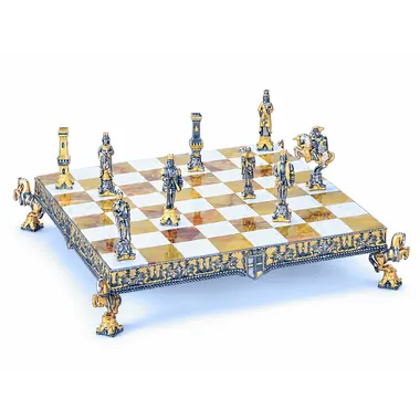 Set "Hendrik II van Engeland" Schaakbord en Schaakspel in Brons, Onyx en 24-Karaats Goud