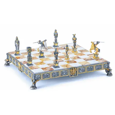 Set "Prins Siegfried Held van de Nibelungen" Schaakbord en Schaakspel in Brons, Onyx en 24-Karaats Goud