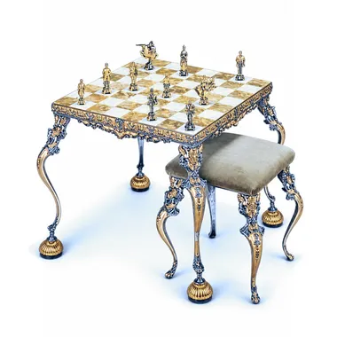 Set "Koning Arthur en Guinevere" Schaaktafel en Schaakspel in Brons, Onyx en 24-Karaats Goud