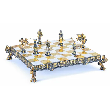 Set "Koning Arthur en Guinevere" Schaakbord en Schaakspel in Brons, Onyx en 24-Karaats Goud