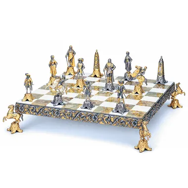 Set "Lodewijk XIV de Zonnekoning II" Schaakbord en Schaakspel in Brons, Onyx en 24-Karaats Goud