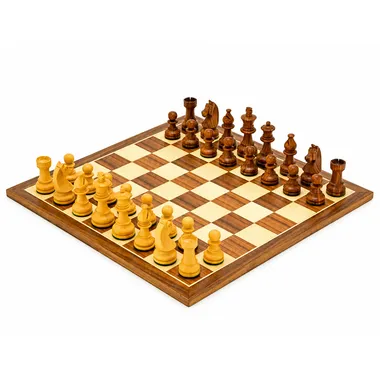 Compleet Knight Academy schaakspel, schaakbord van walnoot en esdoorn met palissander stukken
