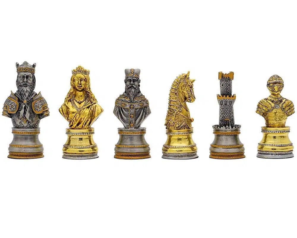 Luxueuze Set Middeleeuws Buste Schaakbord van Iepen- en Heidehout & Schaakspel in Massief Tin Verguld met Goud en Zilver - Afbeelding 7