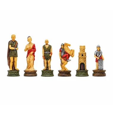 Schaakstukken Romeinen vs Gladiatoren, uitlijnweergave van de zes beschilderde figuren