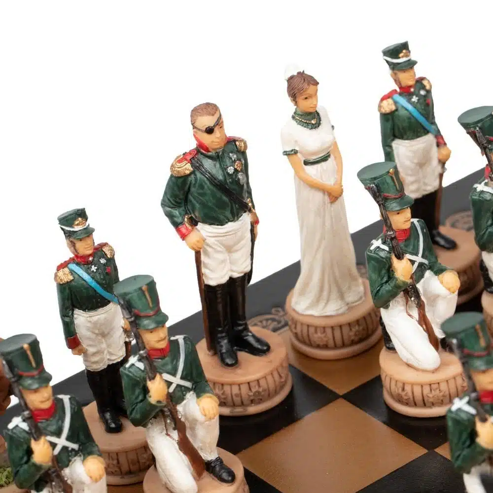 Napoleon Russische Veldtocht II Set Schaakspel in Kunsthars en Kunstleren Schaakbord Zwart - Afbeelding 11