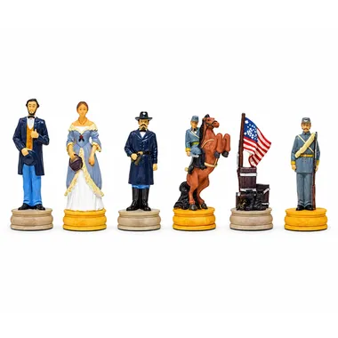 Beschilderde schaakstukken met figuren uit de Amerikaanse Burgeroorlog