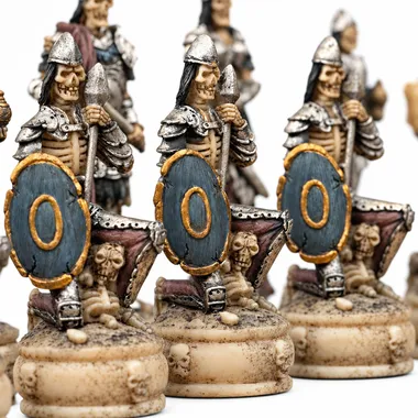 Skeletpionnen met blauwe schilden met een gouden nul