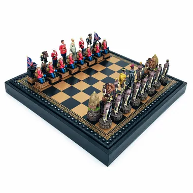 Compleet schaakspel Anglo-Zoeloeoorlog II op kunstleren schaakbord met opbergkist