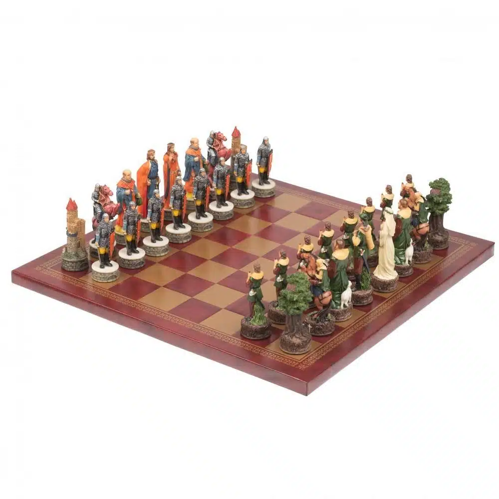 Set Robin Hood Schaakbord in Kunstleer & Handgeschilderd Schaakspel in Hars