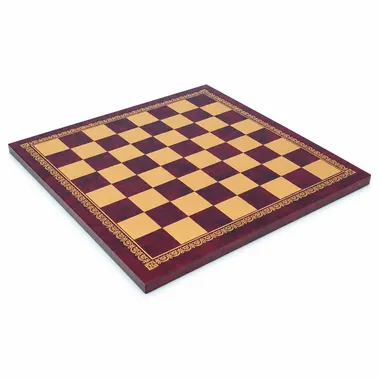 Schaakbord van rood kunstleer met gouden rand, diagonaal totaalbeeld