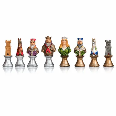 Schaakstukken Medieval Bust V op een rij, toren, paard, koning, dame, loper en toren