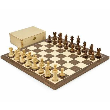 Compleet Fierce Knight schaakspel met walnoten-esdoorn bord en houten kist