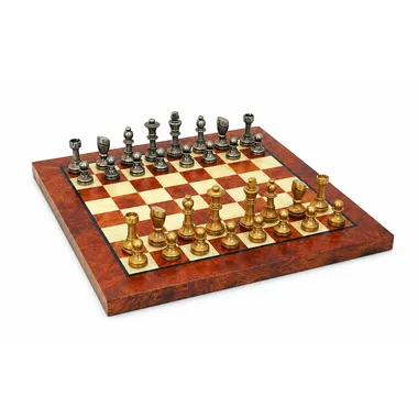 Compleet schaakspel Piccolo met massief messing stukken op een briarhouten schaakbord