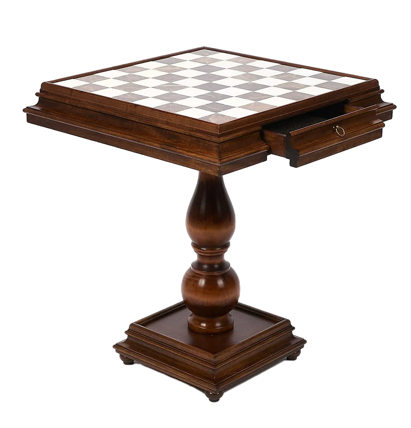 Luxe Schaaktafel met Opbergla in Beukenhout en Speelvlak in Carrara-marmer en Toscaans Albast