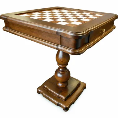Klassieke schaaktafel op gedraaide houten voet, totaalaanzicht