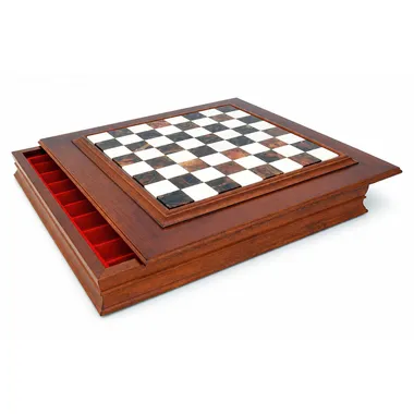 Schaakbord van Massief Hout met Blad in Albast en Opbergvak