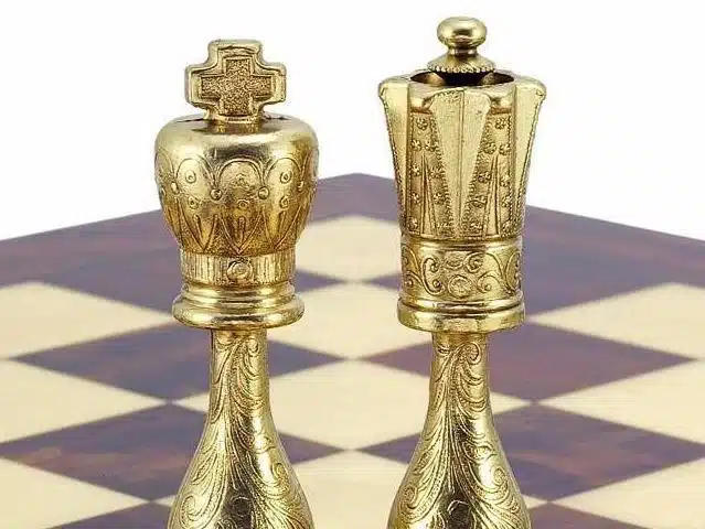Set Arabic Style VI Schaakbord van Rozenhout en Esdoorn met Schaakspel in Goud- en Zilverkleurig Metaal - Afbeelding 8