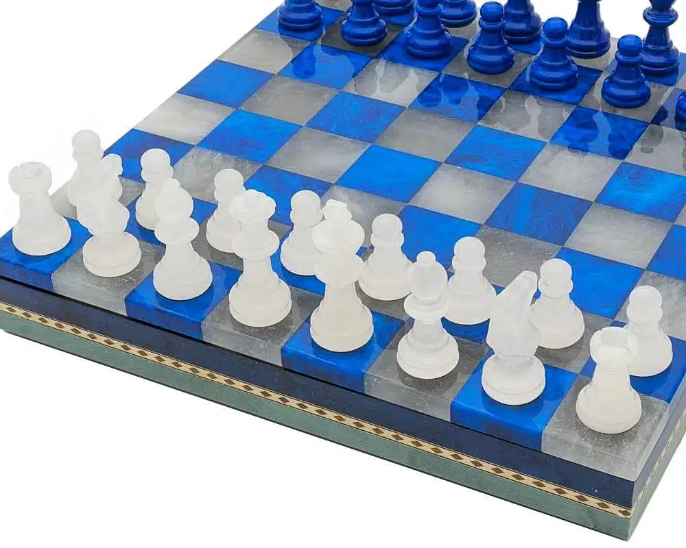 Blauw-witte Set Schaakbord en Schaakspel in Antiek Marmer met Opbergkist - Afbeelding 3