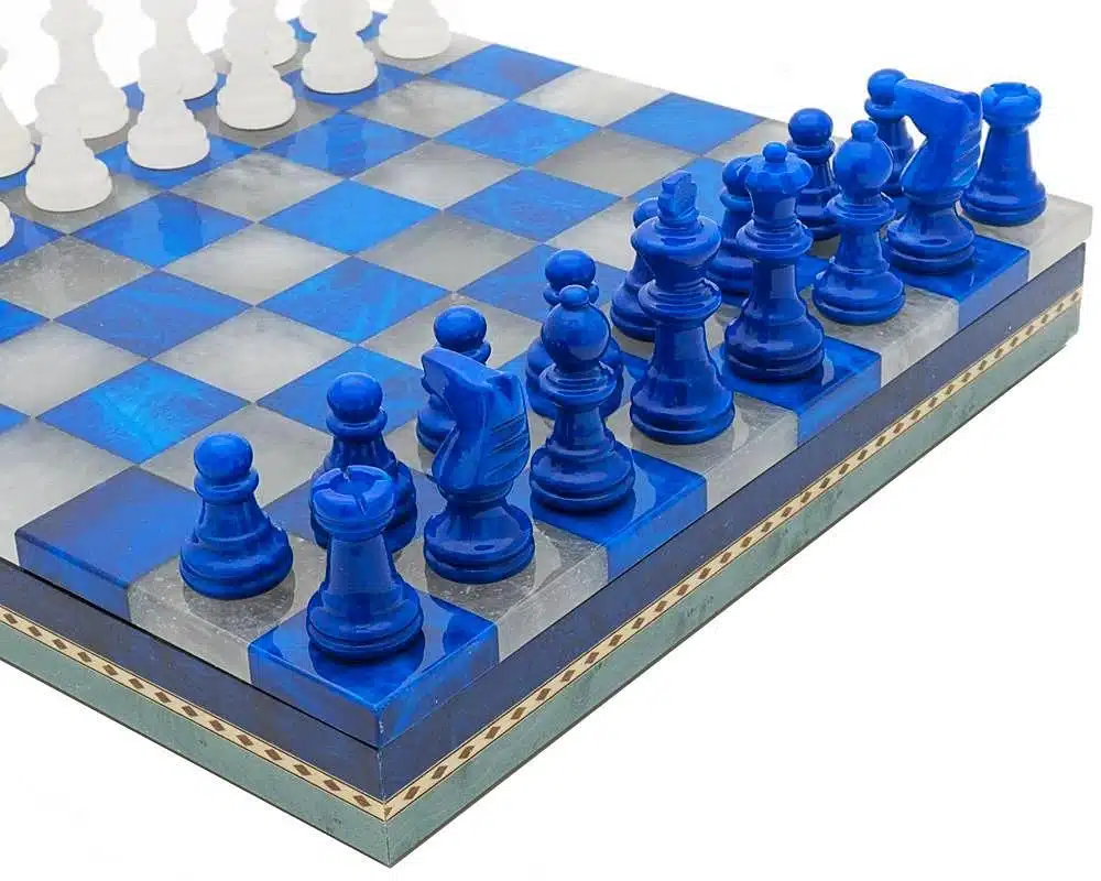 Blauw-witte Set Schaakbord en Schaakspel in Antiek Marmer met Opbergkist - Afbeelding 2