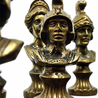 Schaakstukken van goudkleurig metaal, gedetailleerde Romeinse bustes, close-up