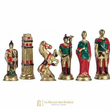Beschilderde metalen schaakstukken, gouden Romeinse zijde, toren, paard, soldaten