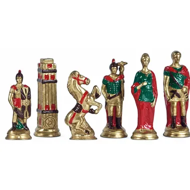 Beschilderde metalen schaakstukken, gouden Romeinse zijde, toren, paard, soldaten
