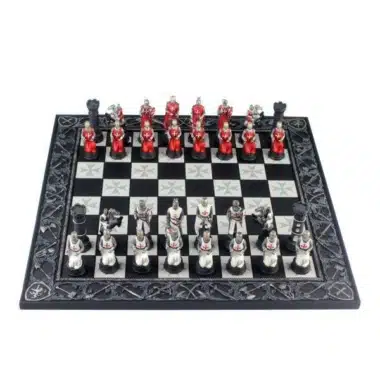 Ensemble Templier complet : échiquier en résine sculptée et pièces rouges et grises