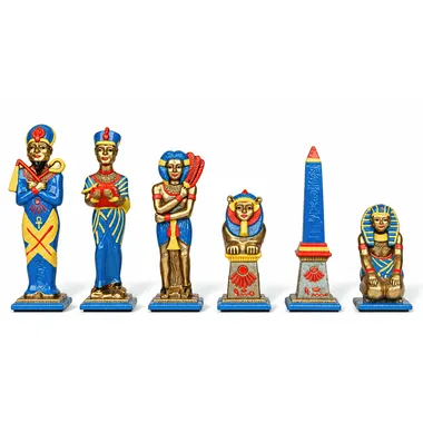 Schaakstukken Egypte in beschilderd metaal, blauw-gouden team met sfinx en obelisk