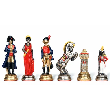 Napoleon Waterloo schaakstukken in beschilderd metaal, dame, soldaat, paard en toren