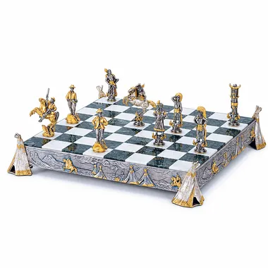Set "Indianen vs Cowboys" Schaakbord en Schaakspel in Brons, Onyx en 24-Karaats Goud