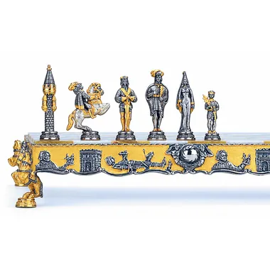 Set "Gulliver en de Lilliputters" Schaakbord en Schaakspel in Brons, Onyx en 24-Karaats Goud