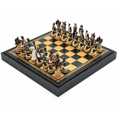 Napoleon Russische Veldtocht set, totaalbeeld op zwart kunstleren schaakbord