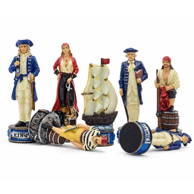 Staande en liggende stukken, detail piratenkoning en galjoen