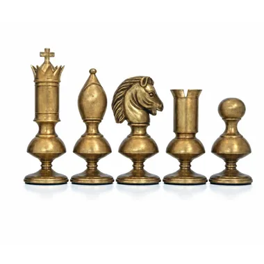 Schaakstukken van messing Giant Contemporain, koning, dame, loper, paard en pion op een rij