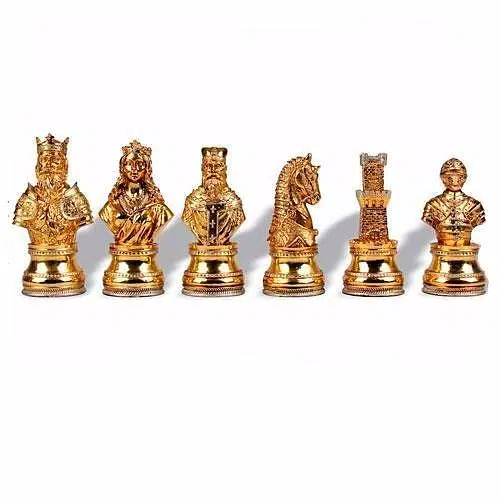 Ensemble "Buste Médieval Haut de Gamme" Echiquier en Bois d'Orme et de Bruyère & Jeu d'Echecs en Etain Massif Plaqué Or et Argent