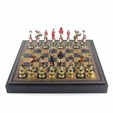 Napoleon III Set: Schaakbord in Kunstleer & Schaakspel in Massief Metaal, Handgeschilderd