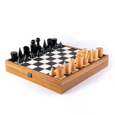 Bauhaus Schaakspel Zwart-Wit in Hout en Kunstleer met Opbergruimte