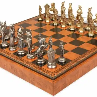 Groot Napoleon VII Set Schaakbord met Opbergruimte en Metalen Schaakspel
