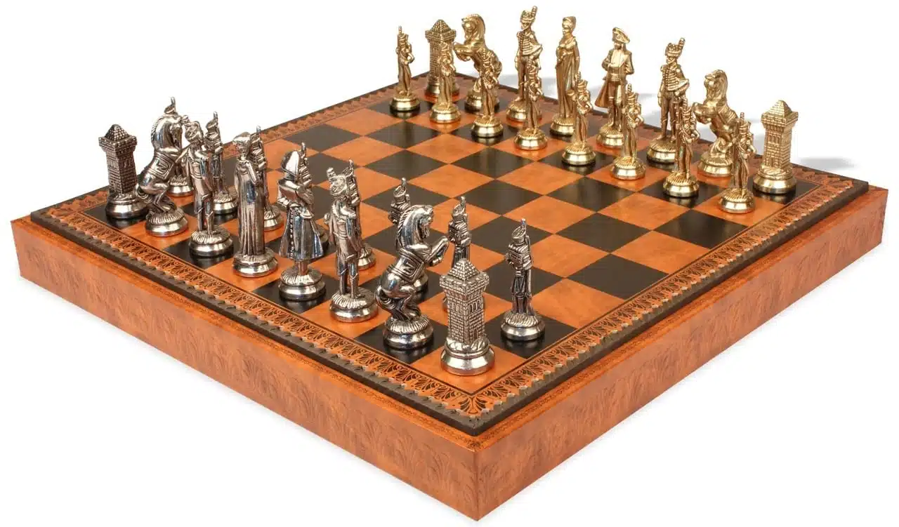 Groot Napoleon VII Set Schaakbord met Opbergruimte en Metalen Schaakspel